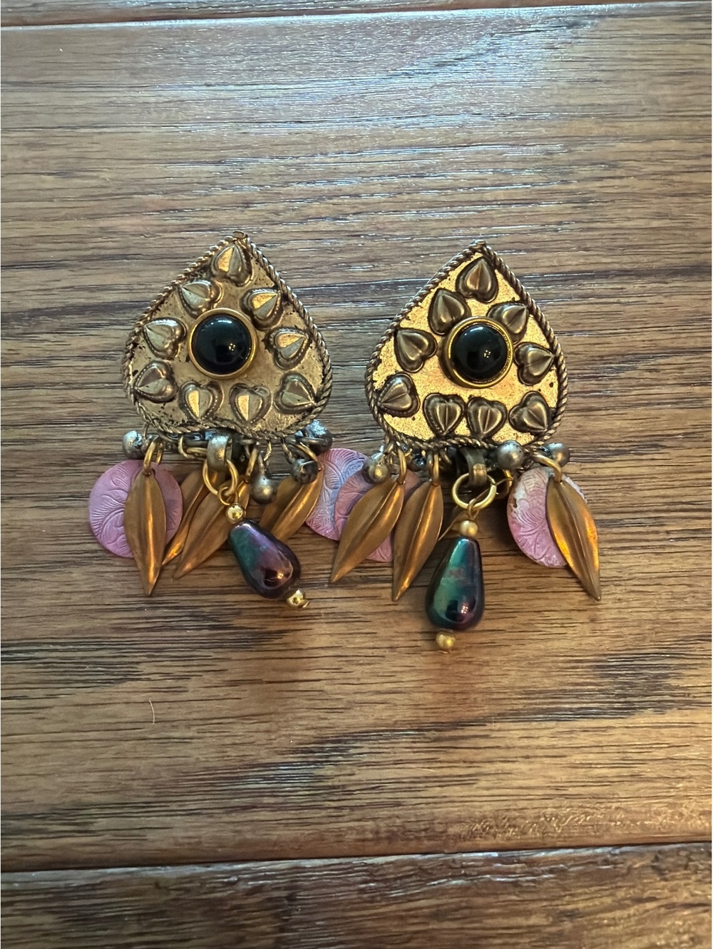 Vintage Gold Tone Dangle Clip-On Earrings with Black and Pink Accents